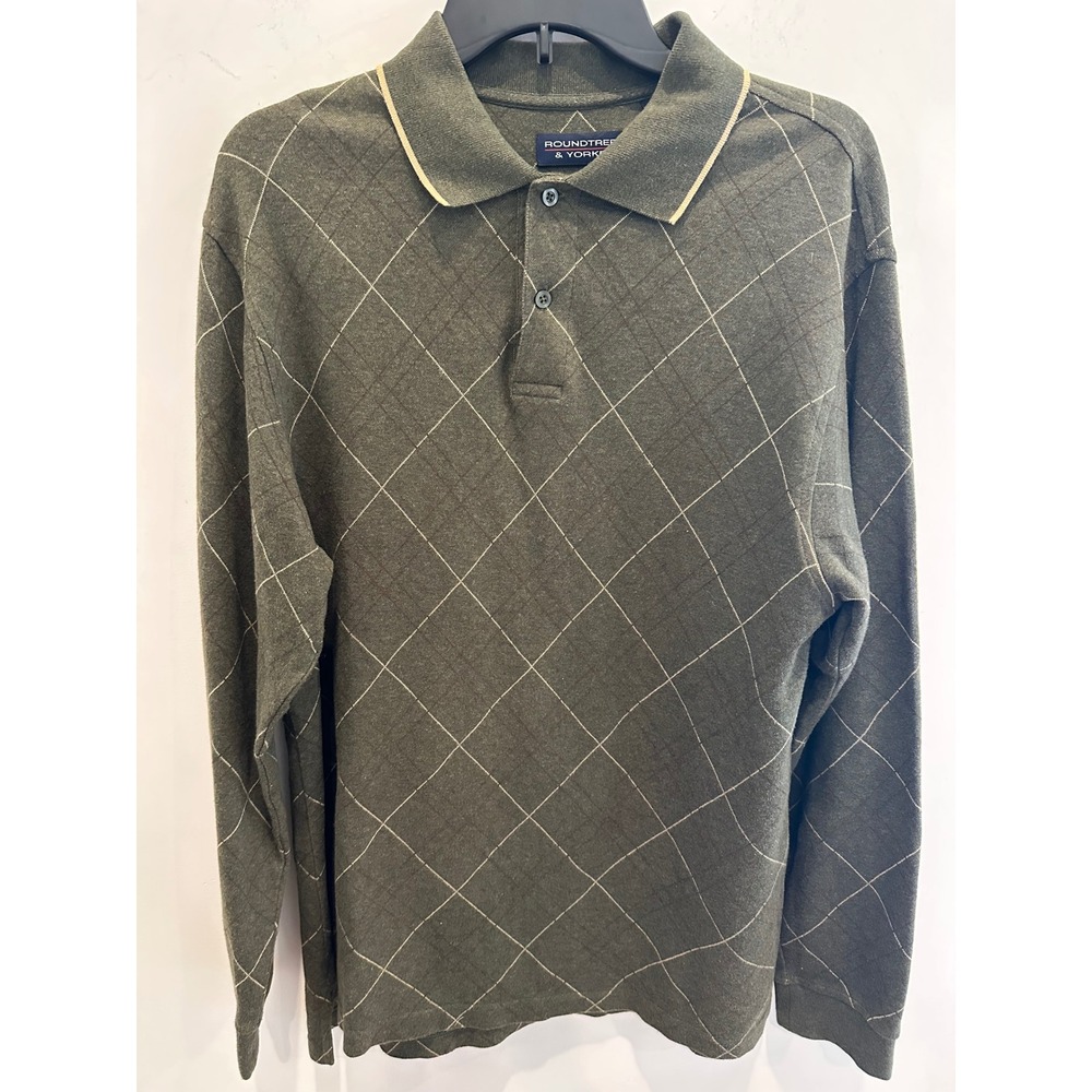 Roundtree & Yorke Mens Medium Olive Green Windowpane Long Sleeve Polo Shirt